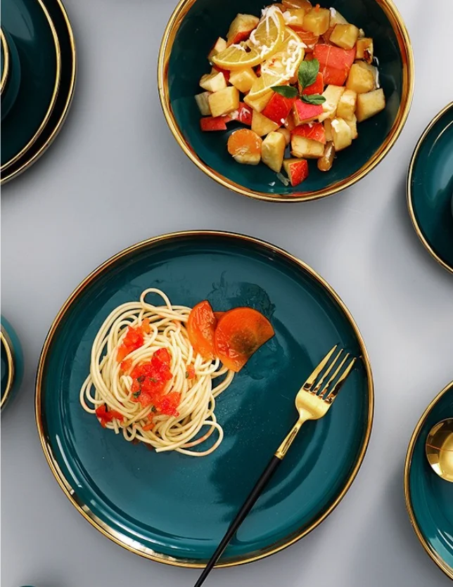  Wholesale Nordic Dark Green Black Crokery Fine Bone China Tableware Porcelain Ceramics Plates Dinnerware Dinner