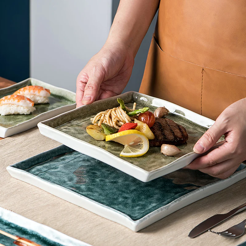 Stocked Feature Ceramic square serving plate for BBQ restaurant sushi plate set Porcelain japanese tableware