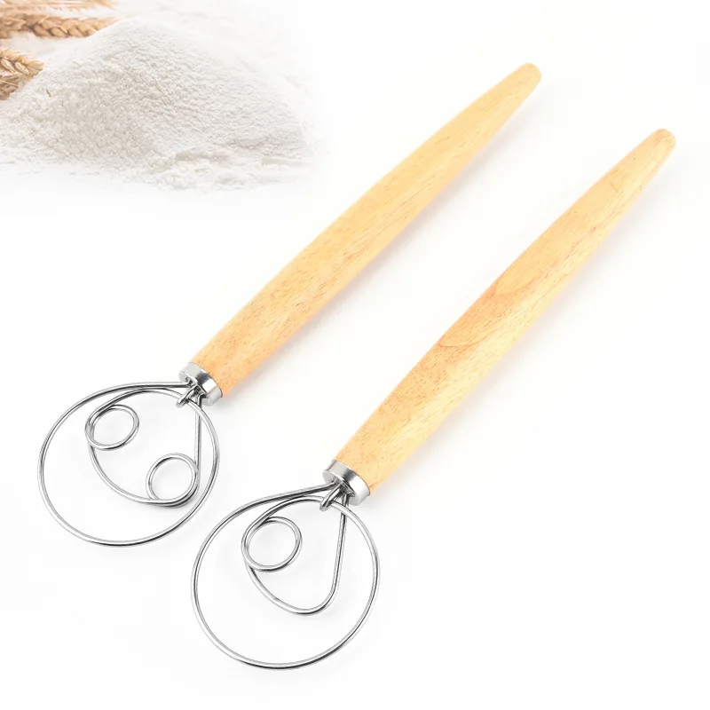 Cheap price 13inch Stainless Steel bread danish dough whisk with wood handle for pastry or pizza