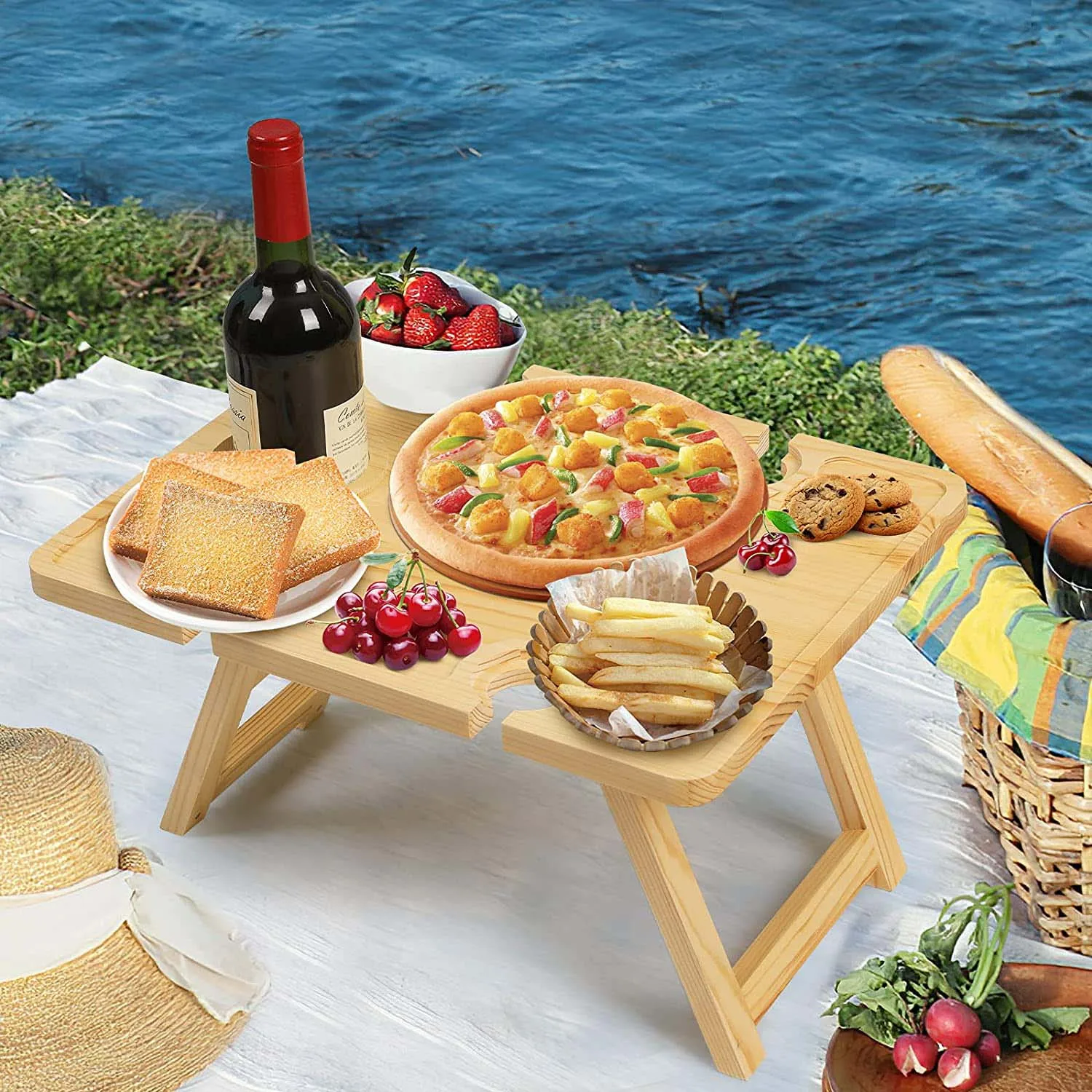 Outdoor Wooden Wine Tables Portable Folding Picnic Table Wine Holder for Concerts at Park, Beach, Ideal Wine Lover Gift