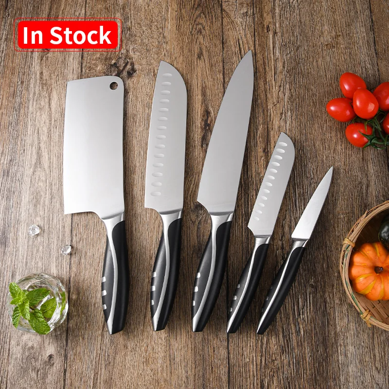 Wholesale OEM All Steel Round Handle Universal Kitchen Knives 5 Piece Set Professional 8inch chef knife for slicing vegetables