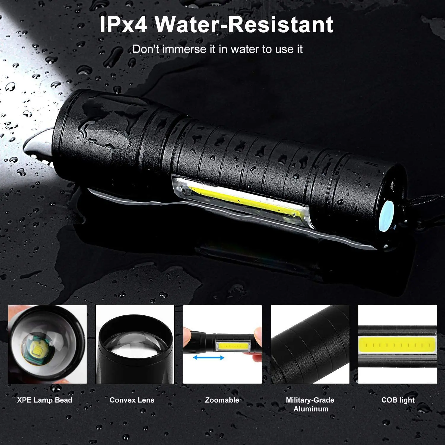 LED  Bright Flashlight Rechargeable with COB Side Searchlight USB Torch Mini Small Handheld Portable Lamp for camping