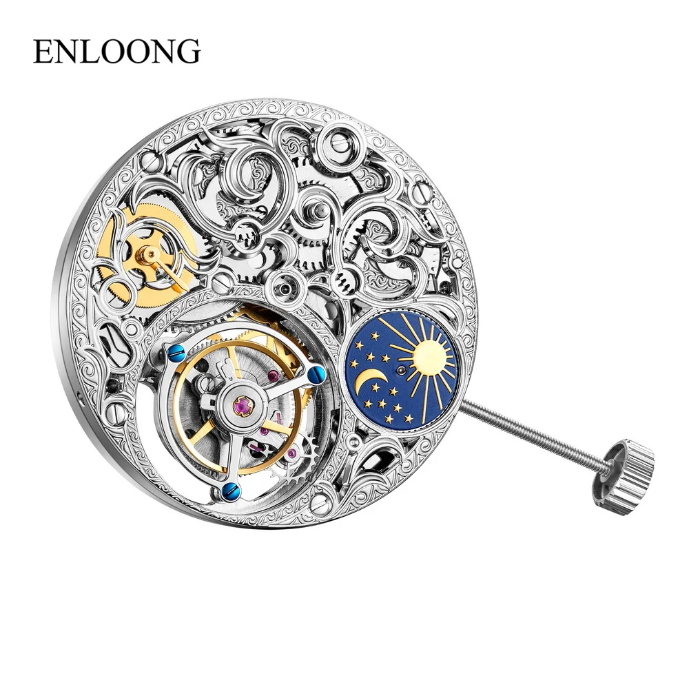 ENLOONG Chinese Skeleton Visible GMT Tourbillon Movement Moon Phase Manual Winding Mechanical Watch Movement