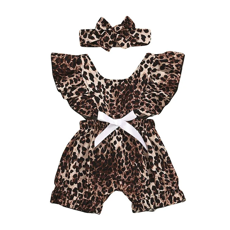 
Summer Newborn Baby Girls Leopard Print Jumpsuit Toddler Flying Sleeve Short Bodysuit Clothes 