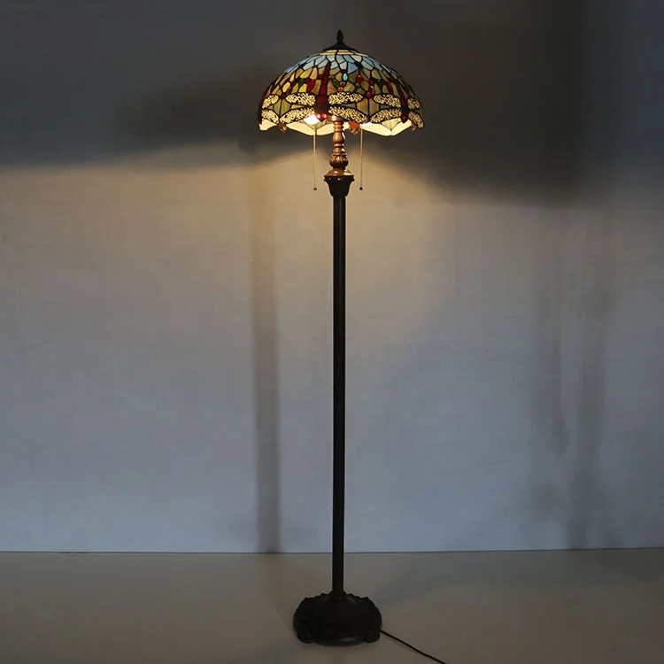 LongHuiJing 16Inch Antique Tiffany Floor Lamp Dragonfly Vintage Standing lights Stained Glass Lamp Shades Lamps