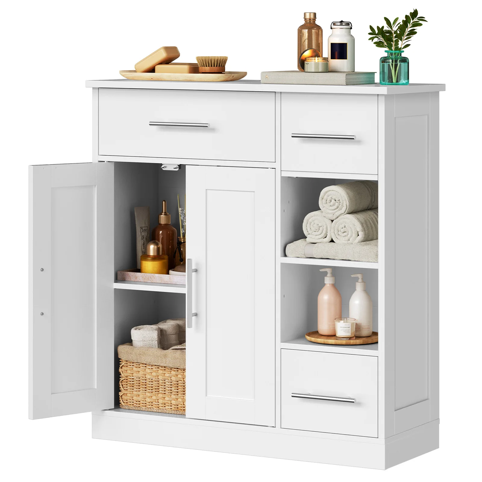 Freestanding White Bathroom Storage Cabinet with Drawers, Bathroom Organizer with Shelves 2 Door Cabinet for Bathroom Kitchen