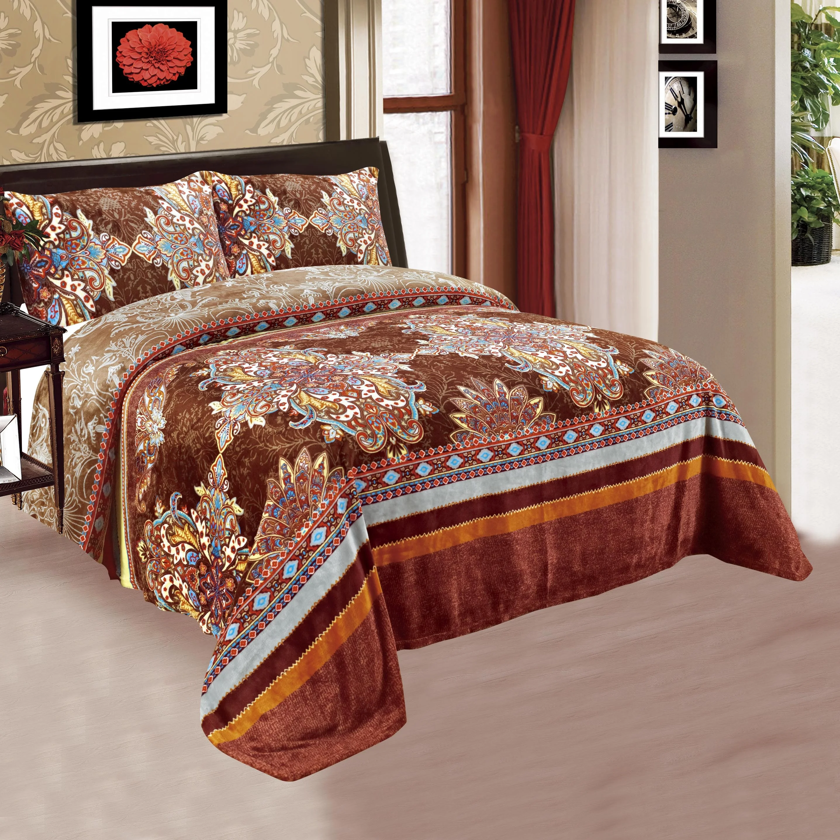 Hot sales knitted flannel/coral fleece blankets 3pcs bedding set for winter season