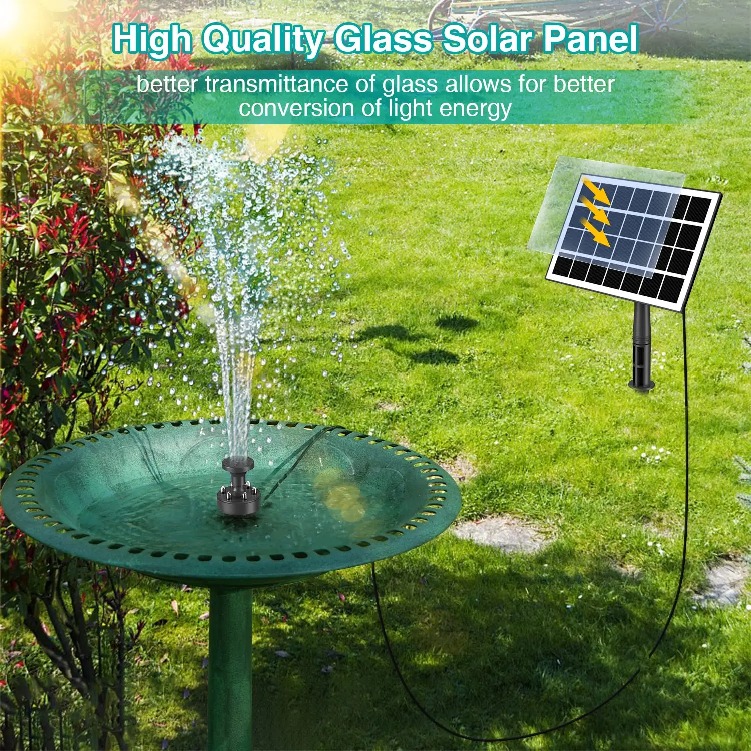Solar Fountain Pump 2023 Upgraded 100% Glass Panel with White LED Lights 40CM Power Cord for Bird Bath 2000mAh Battery included
