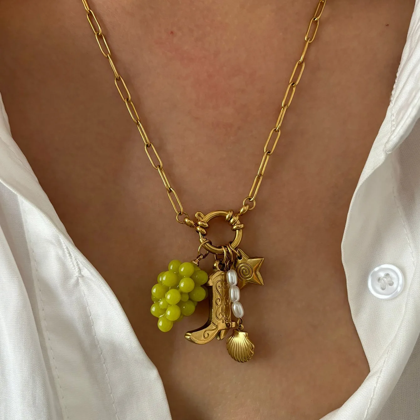 Manna Fashion Lovely Pearl Fruit Charms Porcelain Beads 18K Gold Stainless Steel Necklace For Women
