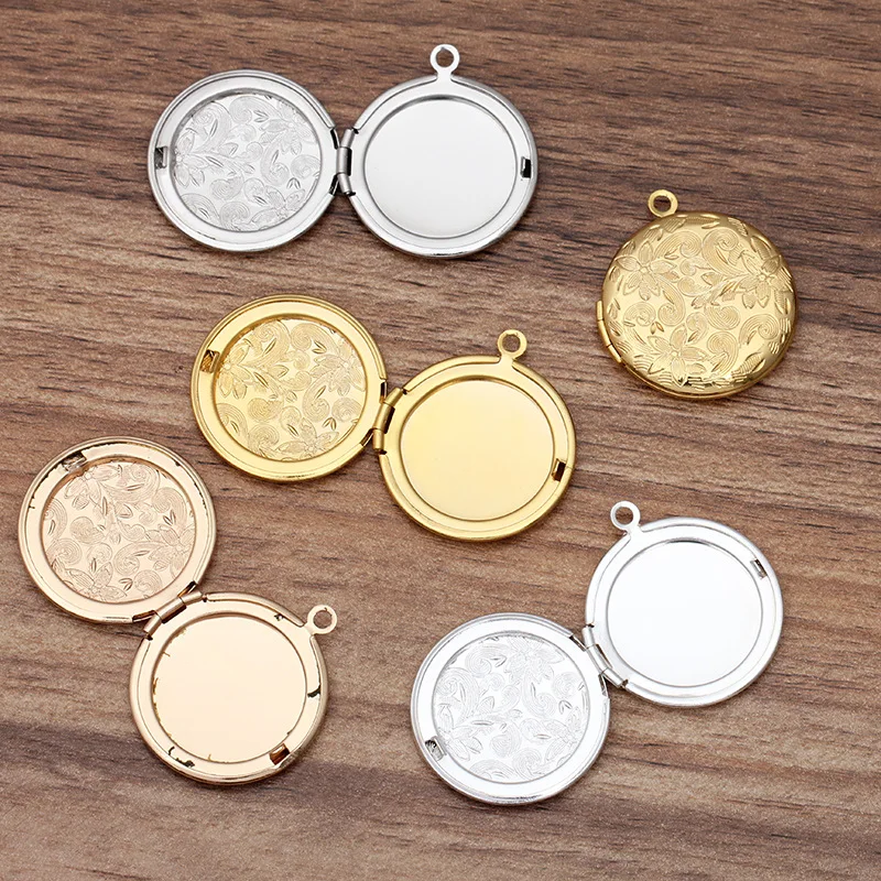 27mm in Diameter Brass Round Flower Locket For Jewelry Making Q04974