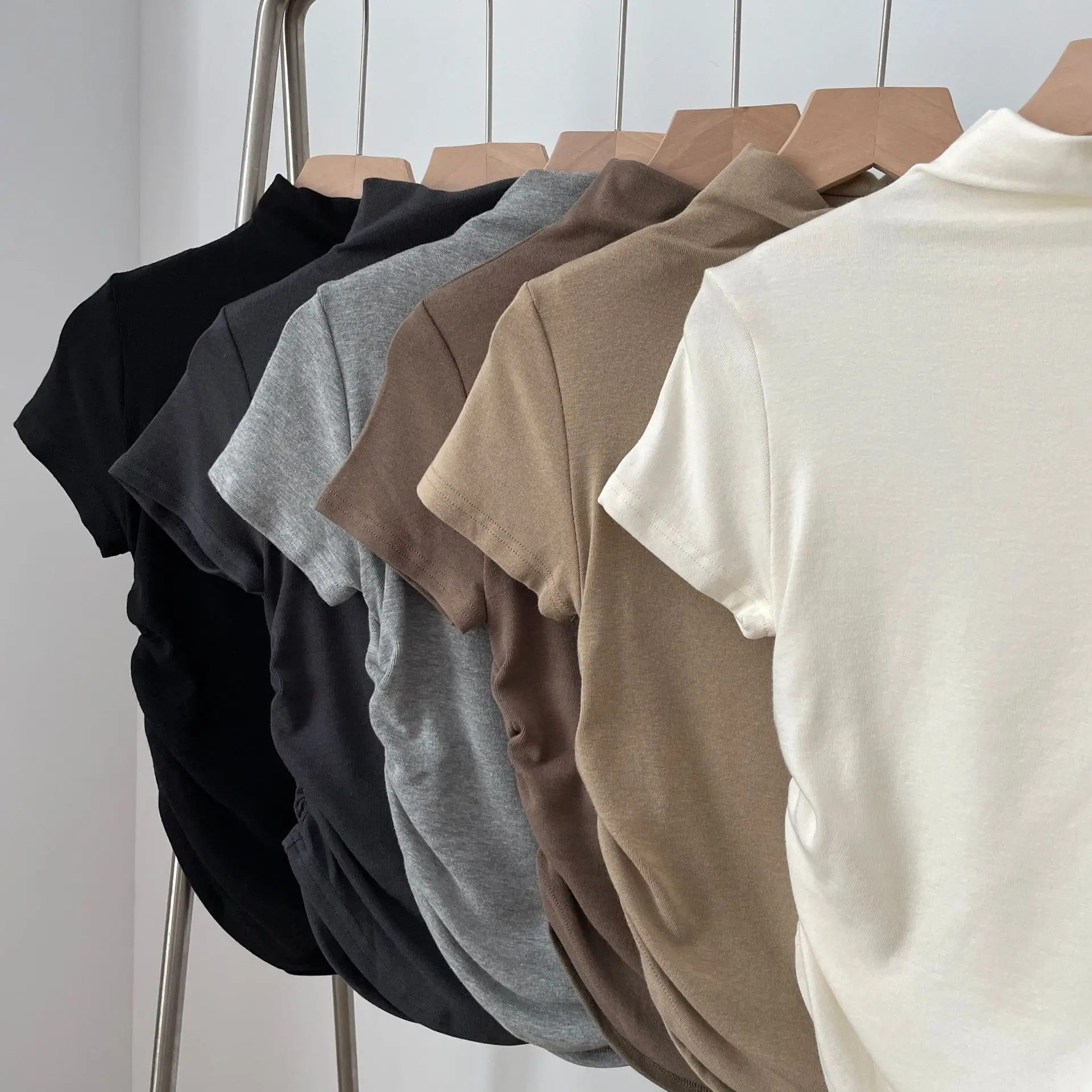 2025 New Design Summer Solid Color Tops Short Sleeve High Collar Blouse Gathers Crop Top cotton custom logo t-shirts for women