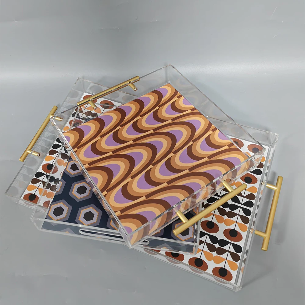 Custom Acrylic Transparent Printed Tray With Gold Handle Bottom Patterned Service Tray