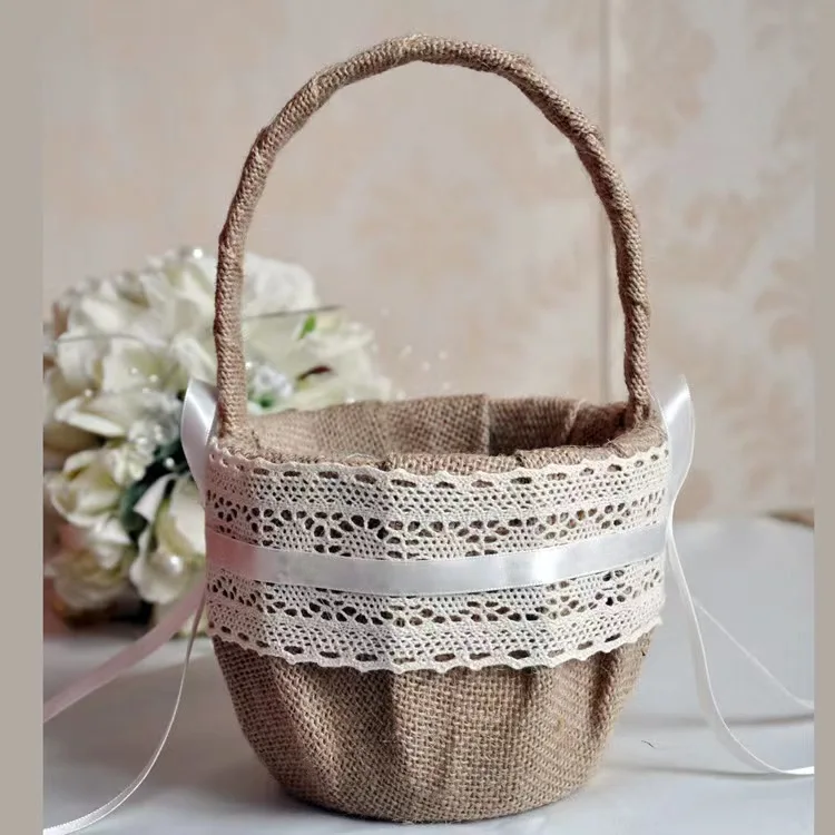 Wholesale Flower Jute Baskets Handmade Wedding Party Decoration Flower Petals Sprinkle Flower Girl Basket Wedding Engagement