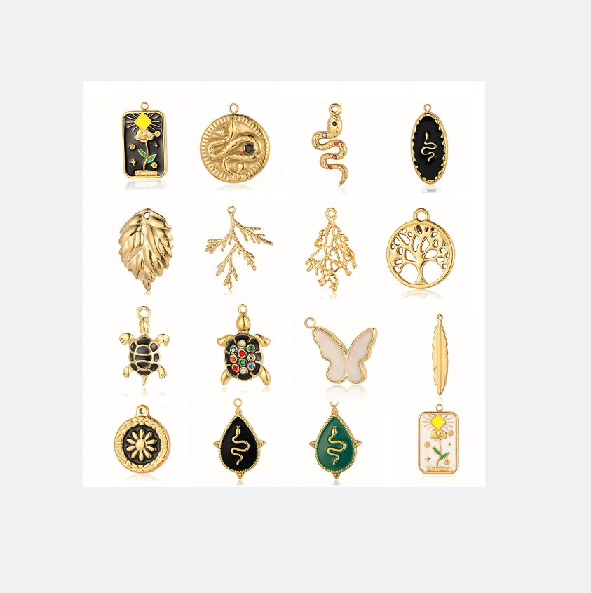 Stainless Steel Plant Branches Leaves Lucky Life Tree Flowers Pendant Feather Turtle Snake Butterfly Charms Dripping Oil DIY