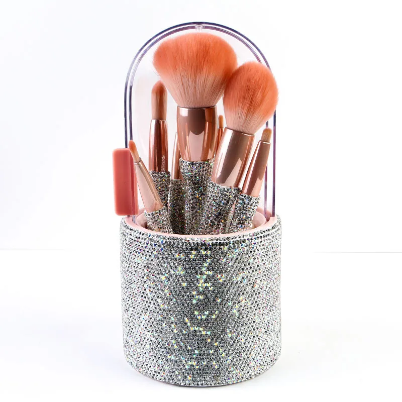 8 Pcs Gold Diamond High Quality Crystal Rhinestone Bling Professional Vegan Makeup Brushes Set with Box