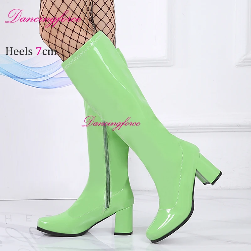 7cm Custom Colors 60s 70s Gogo Boots Square Heel Knee-High Party Boots Sexy Retro Women Cross Dressing Gothic Shoe Large Size 46