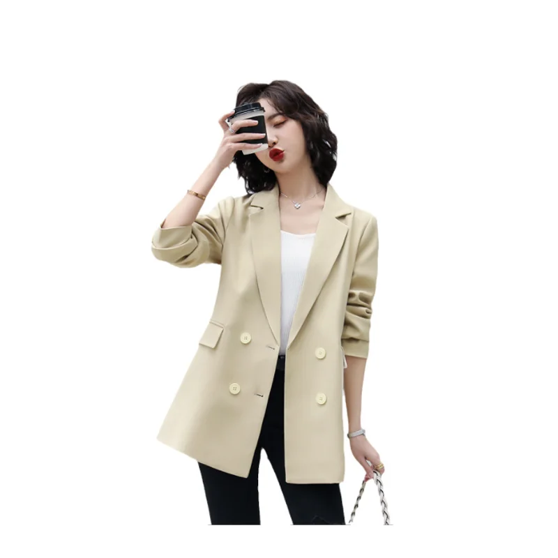 Fashion polyester yellow ladies office suits jackets double-breasted turn-down collar outdoor casual coats
