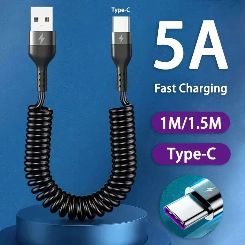 66W Fast Charging Spring Pull Telescopic 5A USB-A Type c Data Cable Micro Android For Samsung Xiaomi Car Phone Cord