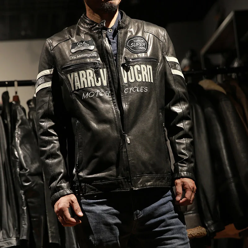 New fashion Men Casual spring wear clothes Leather full tanned sheepskin leather jacket soft stand collar racing motorcycle fit