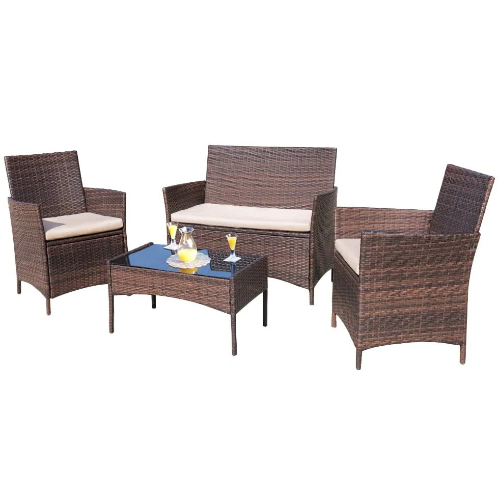 Outdoor Indoor Use Backyard Porch Garden Poolside Balcony Sets Clearance Brown and Beige 4 Pieces Furniture