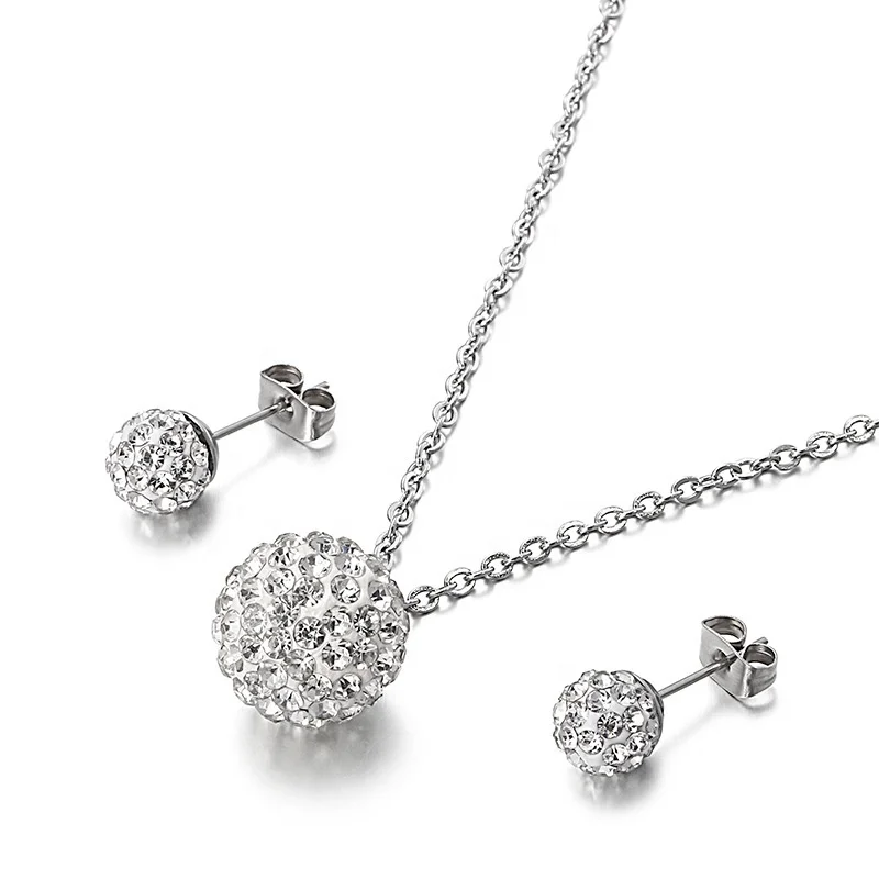 Round Ball Small Necklace Earring Jewelry Set Stainless Steel Rhodium Plated Fashion Style Women Jewelry Set