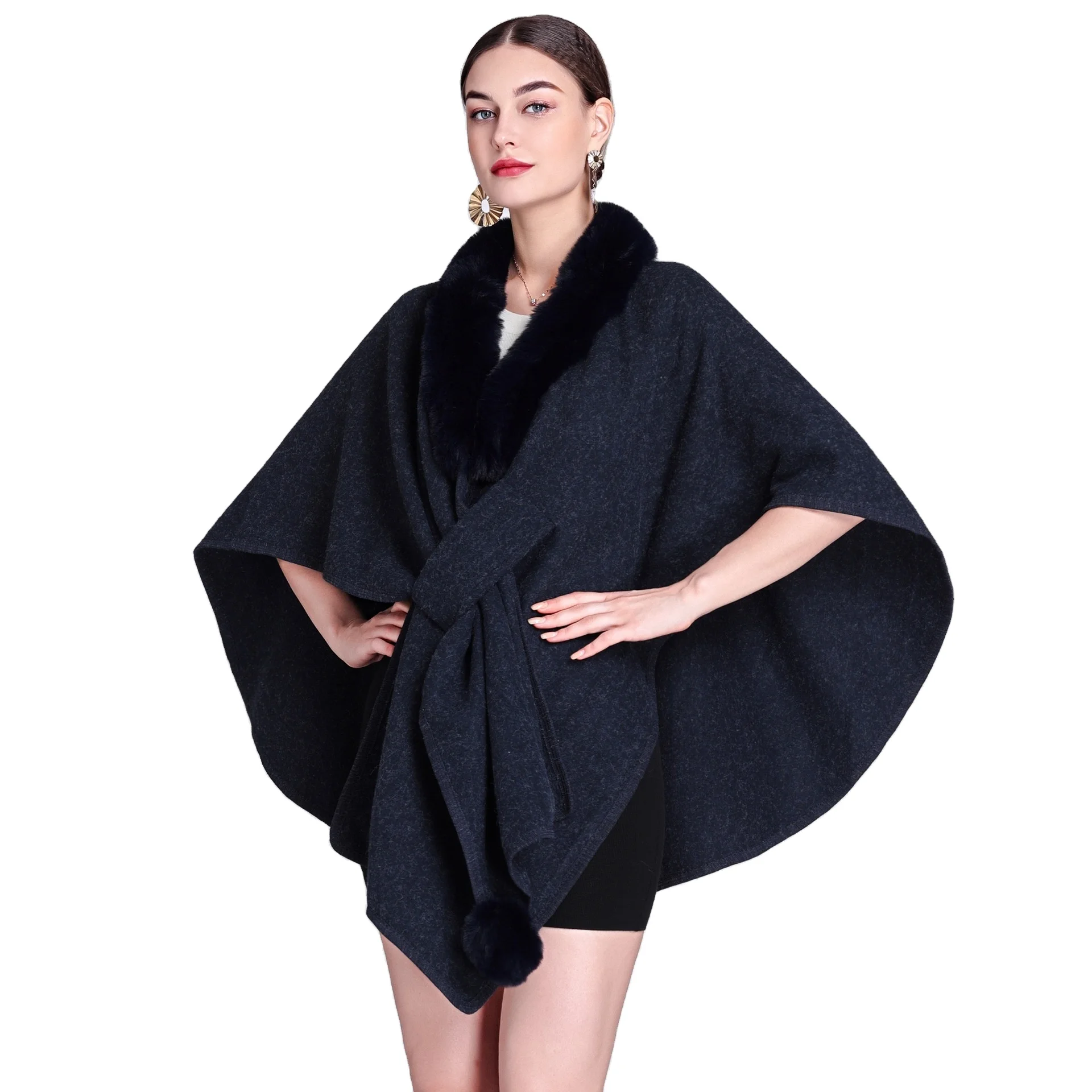 2024 fall and winter new artificial otter rabbit hair collar cape shawl female loose knitted cardigan big yards tweed jacket