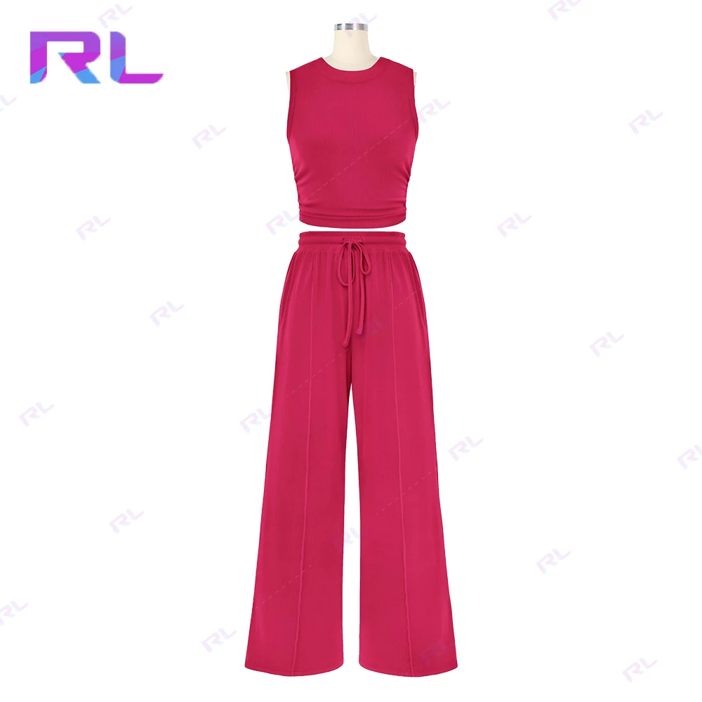 Custom Women Clothing Summer Outfit Casual 2 Piece Suits Knitted Fitting O-Neck Top and Loose Wide Leg Pants Set for Women
