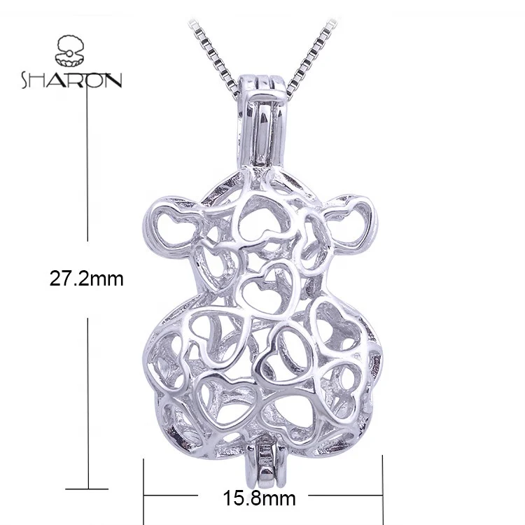 
CS0099 Lovely Animal Series Sterling Silver Cute Bear Love Heart Shape Pearl Cage Pendant 