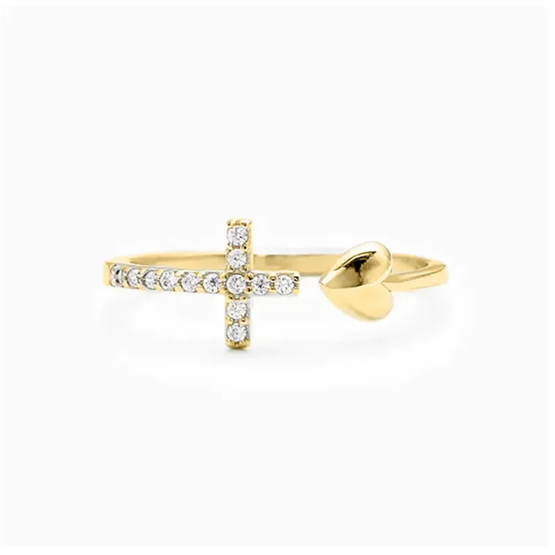 Wholesale Platinum Plated Women Christian Cross Adjustable Wedding Ring Simple Heart Shape Open Diamond Ring