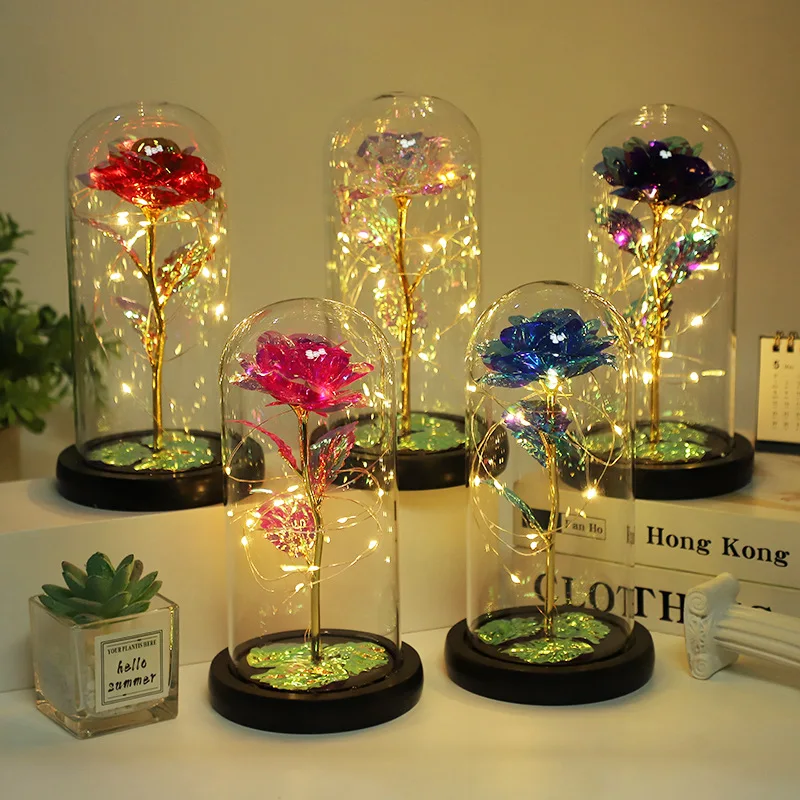 Led Galaxy24k Gold Eternal Rose Light Up Rose Flower Gift Glass Dome Flower Lamp For Home Christmas Decorative Holiday Lighting