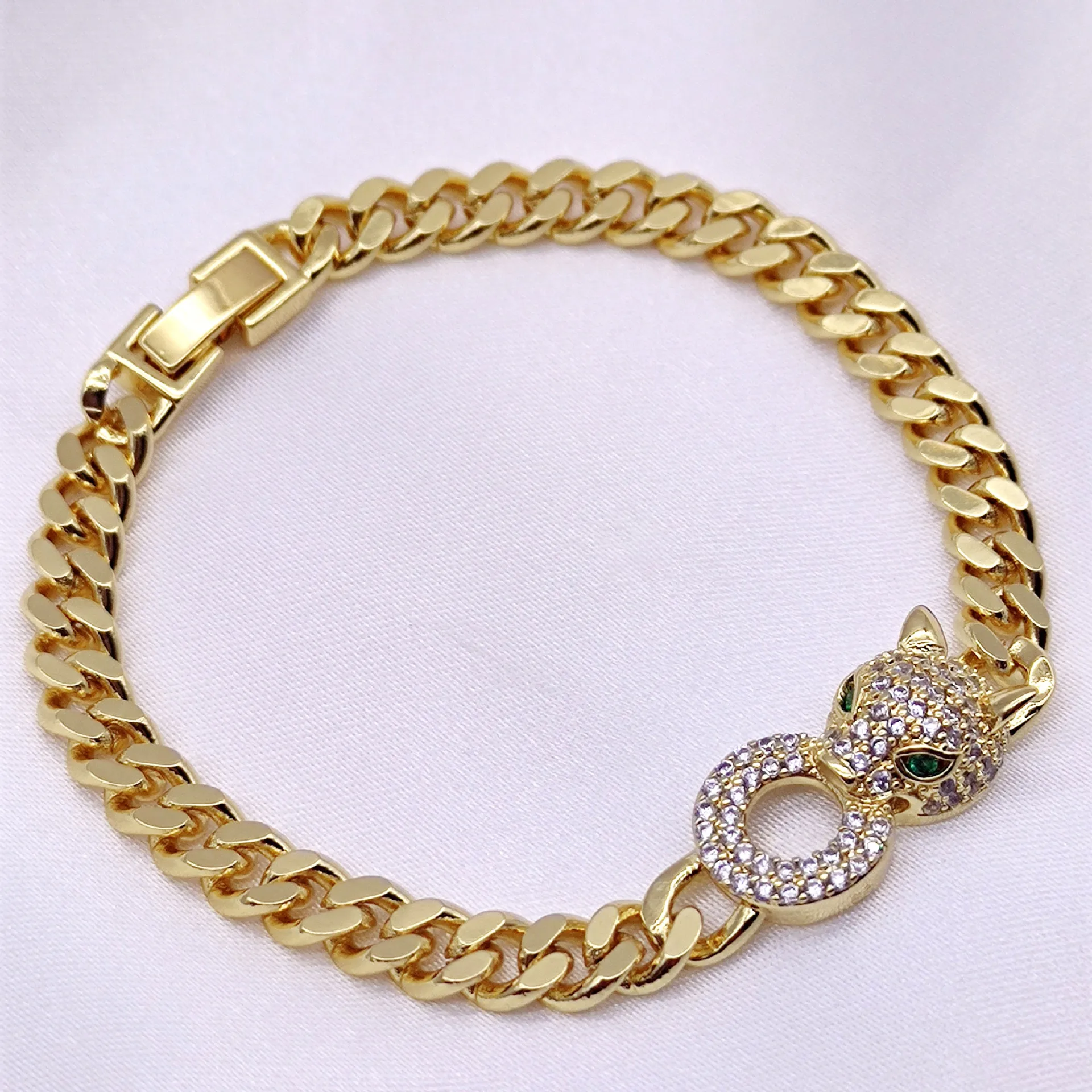 Luxury 14K Gold Plated Leopard Zircon Hip-hop Cuban Chain Bracelet Personality Jewelry for Women Bracelet