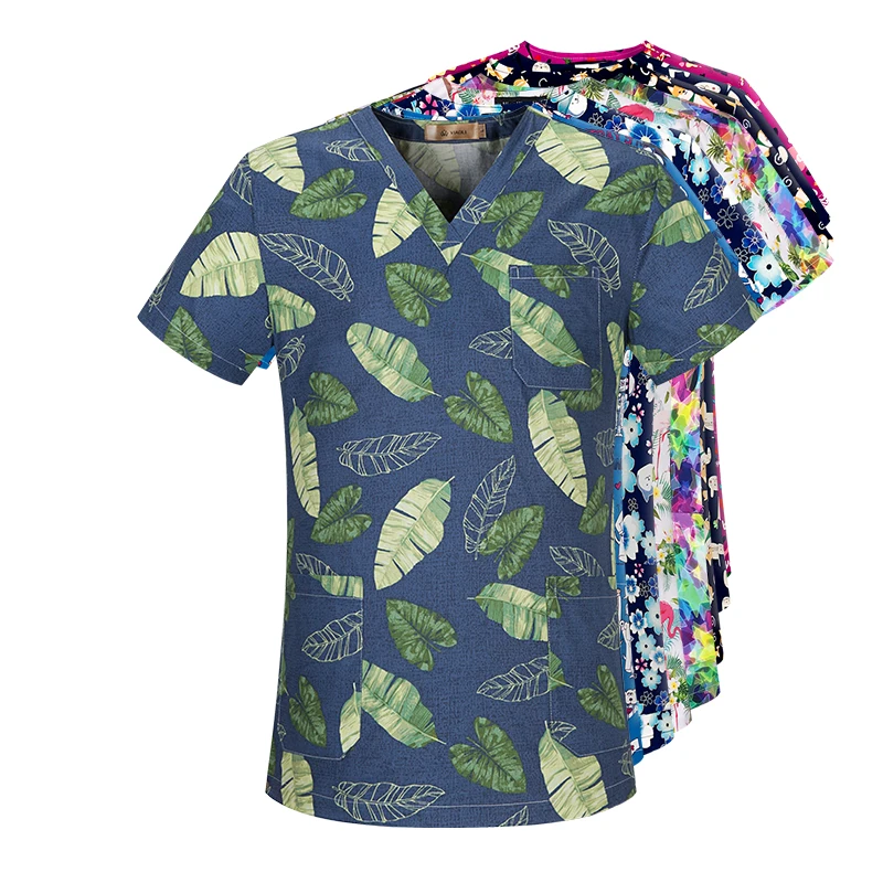 2022  Dropshipping Pure Cotton Medical Scrubs V Neck Floral Printed Scrub Tops Cotton Cartoon Printed Shirt
