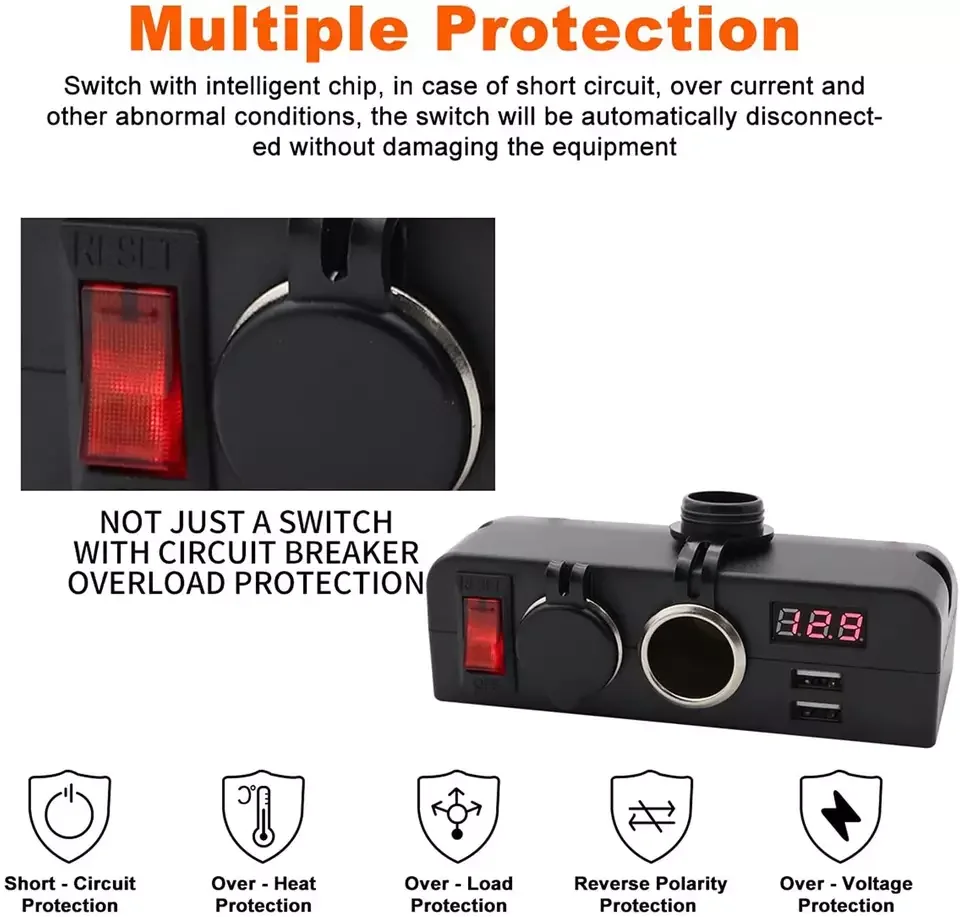 2 Sockets Cigarette Lighter Splitter Dual USB Car Charger DC Outlet Power Adapter with On Off Switch and Voltage Display