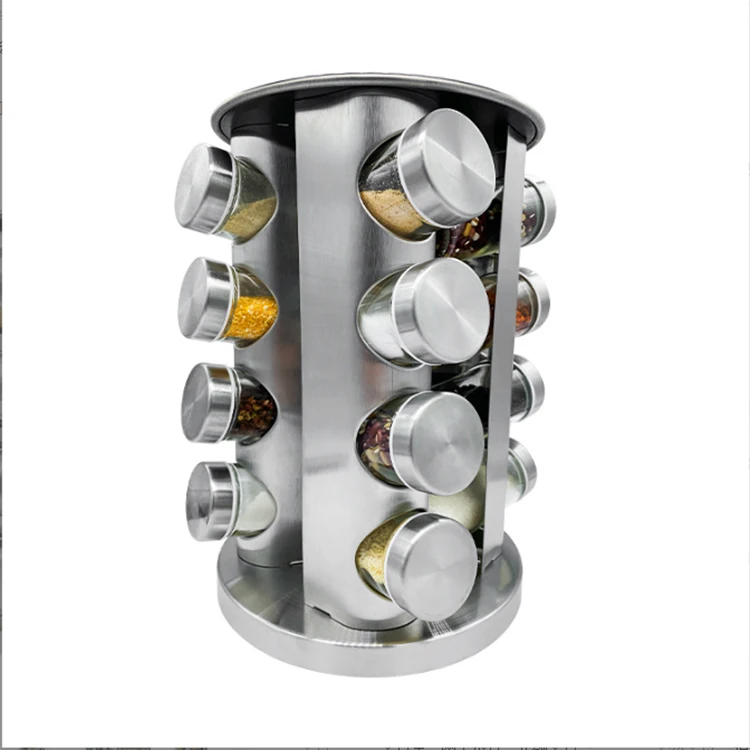 Popular stainless steel set 16 seasoning bottles rack with rotating rack spice rack rotatable Glass Jars