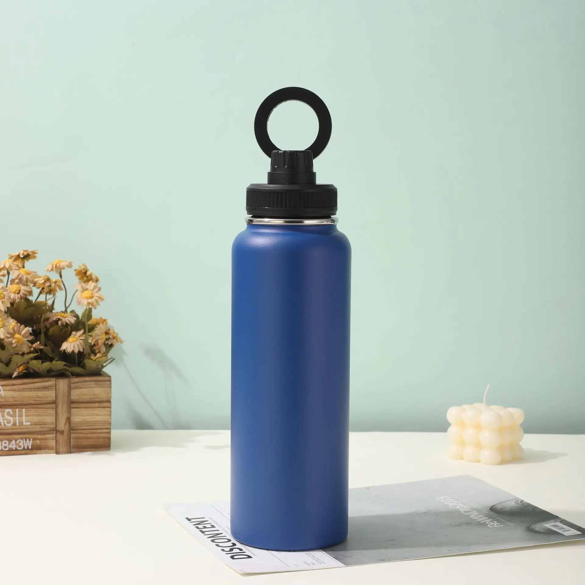 1L large capacity outdoor sports Stainless Steel water bottle with magnetic cell phone holder