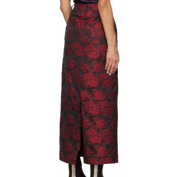 HIgh quality custom four-pocket styling red  zip-fly maxi skirt for woman