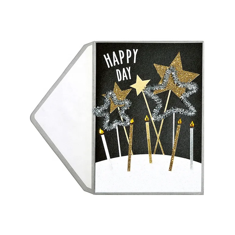 Hotsales Birthday Candle Birthday Cards, Handmade Gold Foil Greeting Cards with Gold Glitter Pines