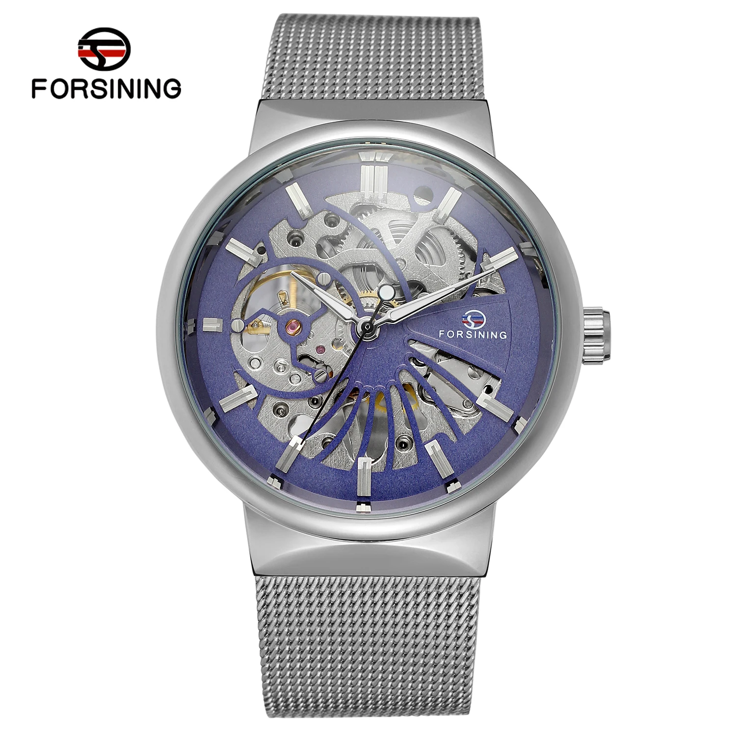 2024 Forsining Fashion Men Gold Color  mechanical Skeleton Watch With Mesh Band for man