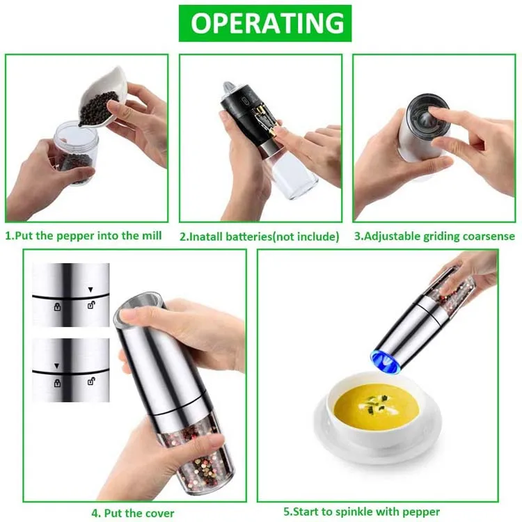 
Household Portable Kitchenware Automatic Pepper Or Salt Grinder With Blue Light Stainless Steel Transparent Visible grinder 