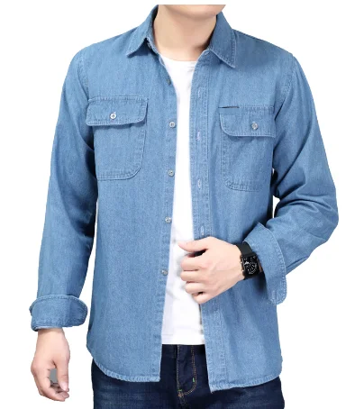 Men Denim Thin Solid Shirt Long Sleeve Soft 100% Cotton Jeans Cowboy Shirt OEM/ODM Shirt Service For Men