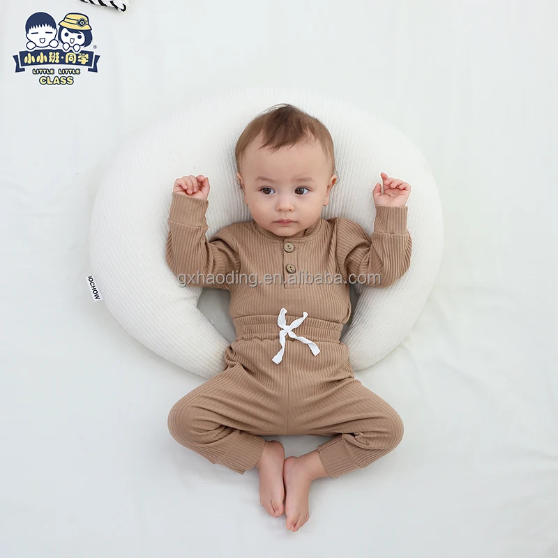 Однотонные комплекты одежды в рубчик/клетку, Детский комбинезон с длинным рукавом для маленьких девочек и мальчиков, брюки, Осень-зима, комплекты детской одежды, 0-24 месяцев