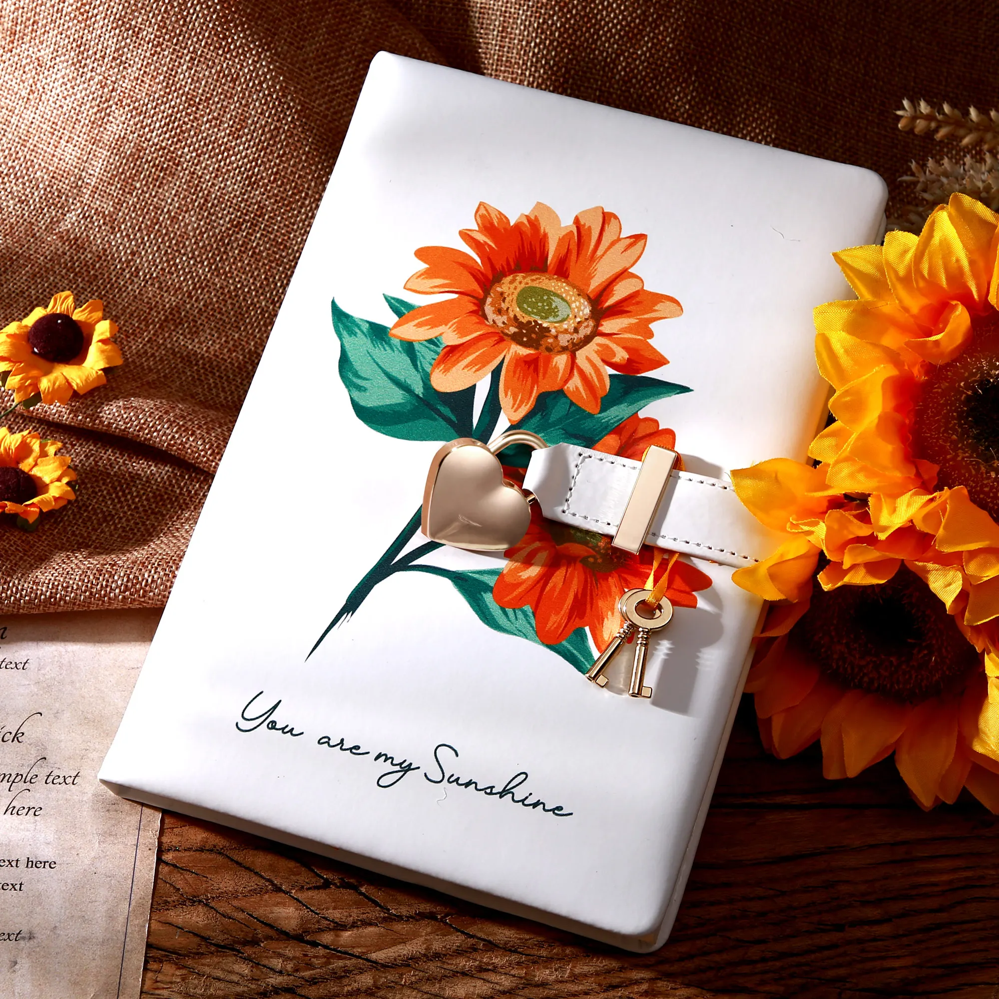 wholesale custom design a5 self care diary for girls sunflower notebook key heart shaped lock leather notebook