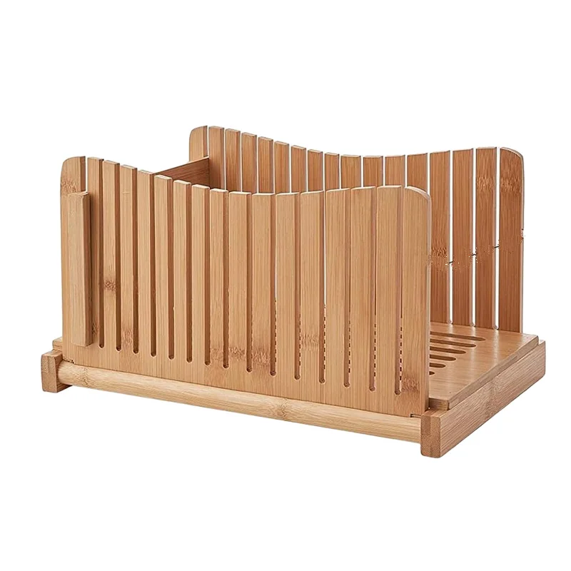 Bread Slicer Cutting Guide with Knife - 3 Thickness Size, Bamboo Foldable Compact Chopping Cutting Board with Crumb Tray