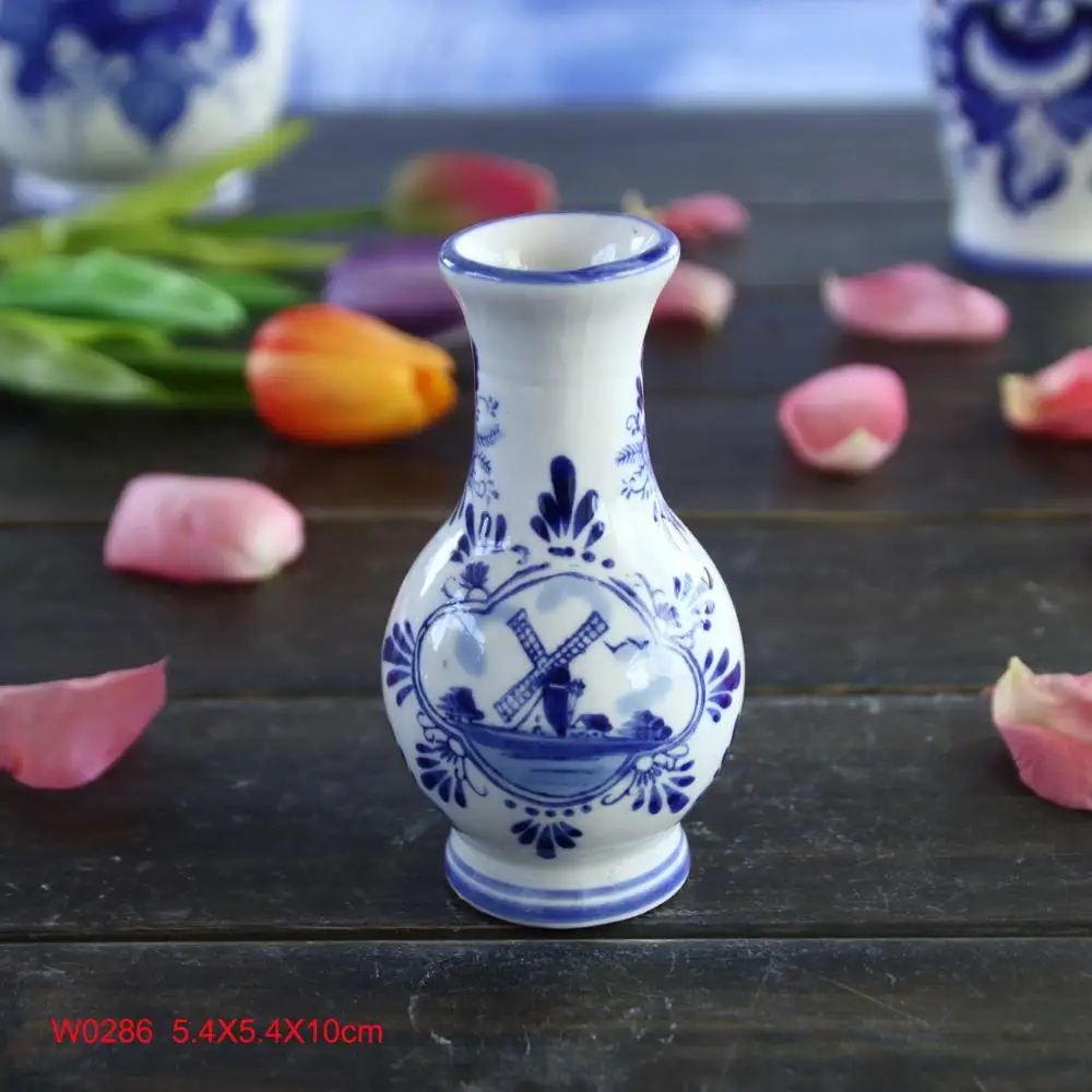 Vintage Delft Holland Handpainted Windmill and Flower Vase Blue & White  20th Dutch Pottery