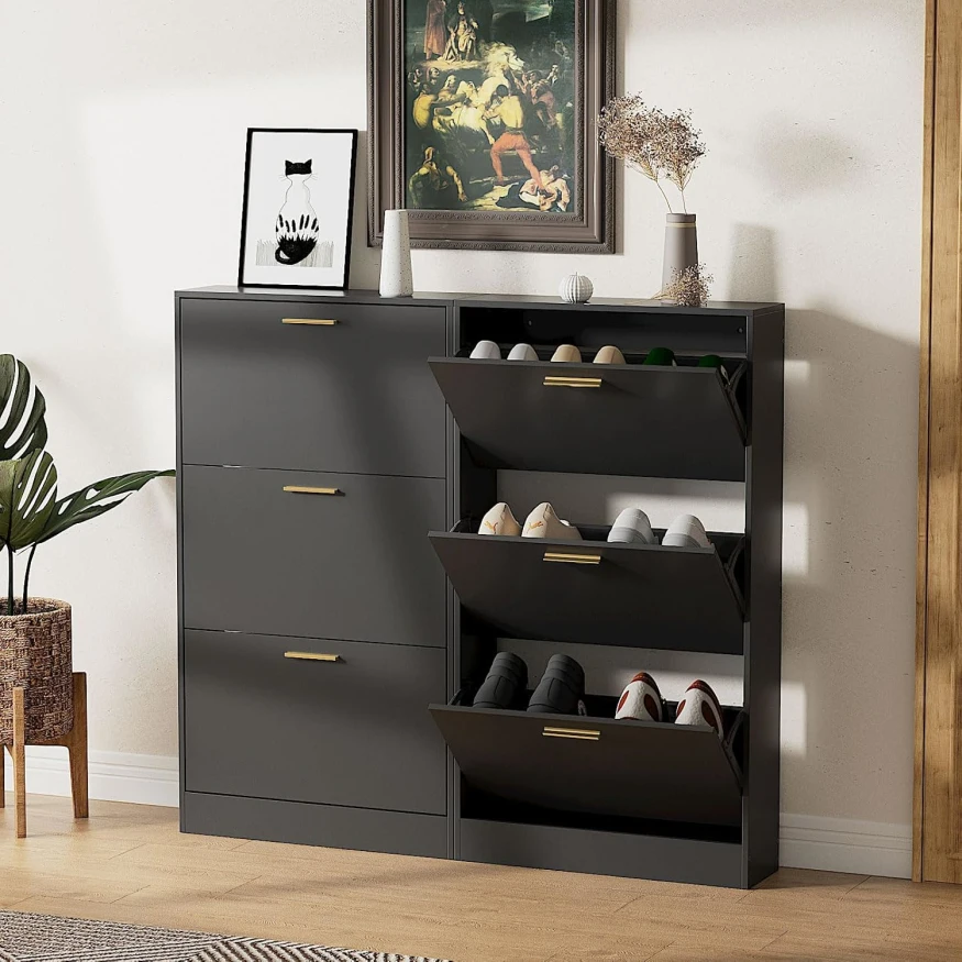 Freestanding Black Narrow Slim Hidden Shoe Storage Organizer with 3 Flip Drawers for Entryway Hallway