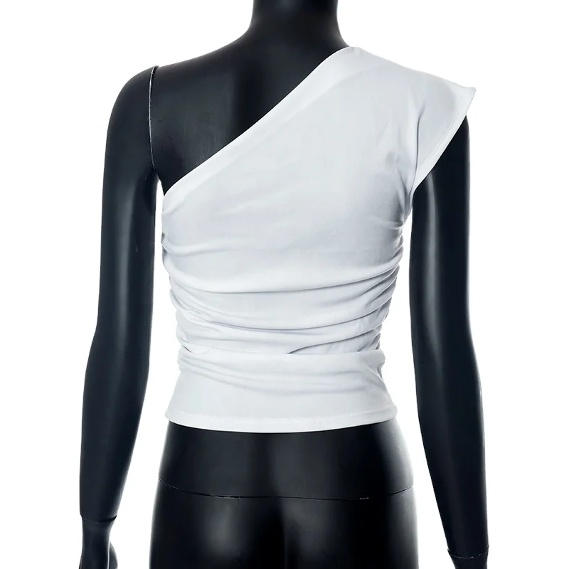 HANO White Elegant Fashion Diagonal Collar Tights Tanks Tops Sexy One Shoulder Crop Top Women Cyber Y2K Slim Pleated Vest