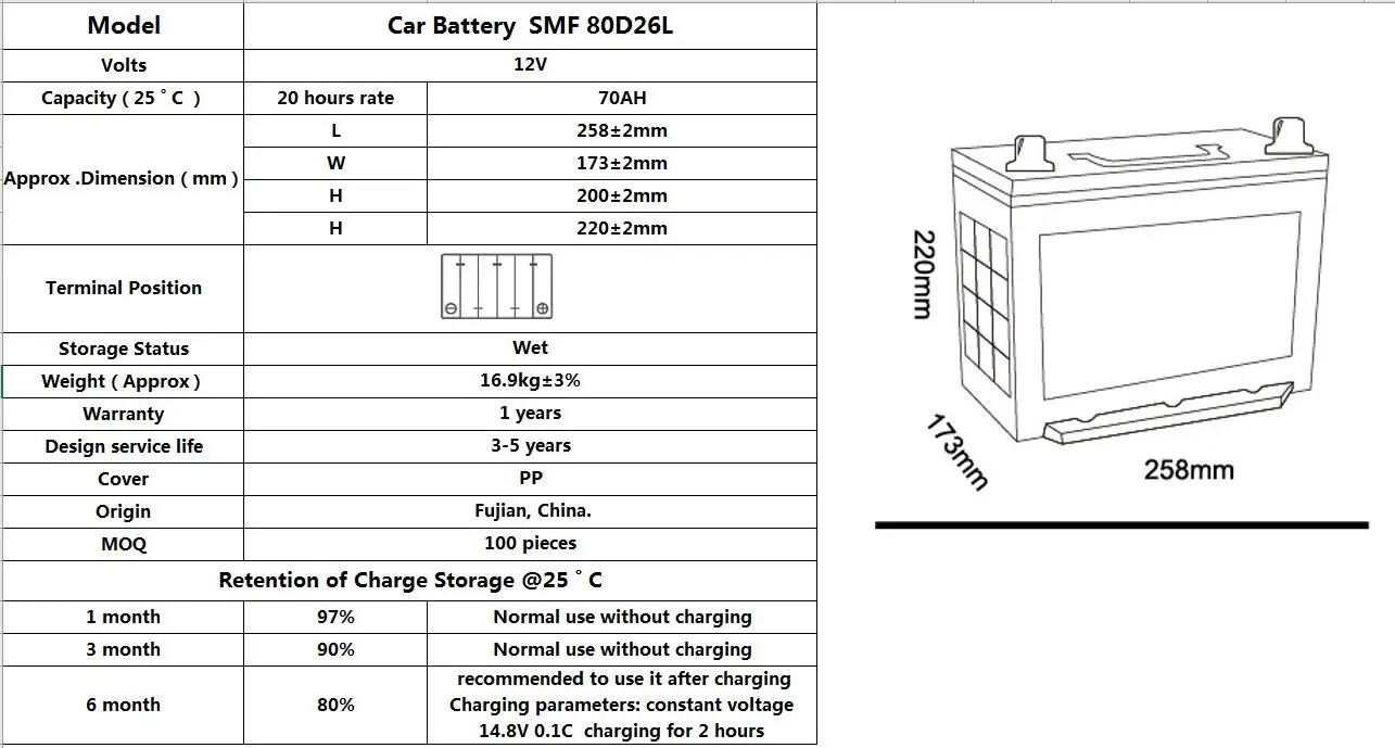 80D26L 12V70Ah Mf Car Battery Truck Starting Automobile Battery Power Car Batteries