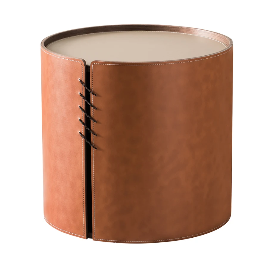 
Wholesale modern luxury orange and gray Pu leather edge wooden Cylinder coffee table 