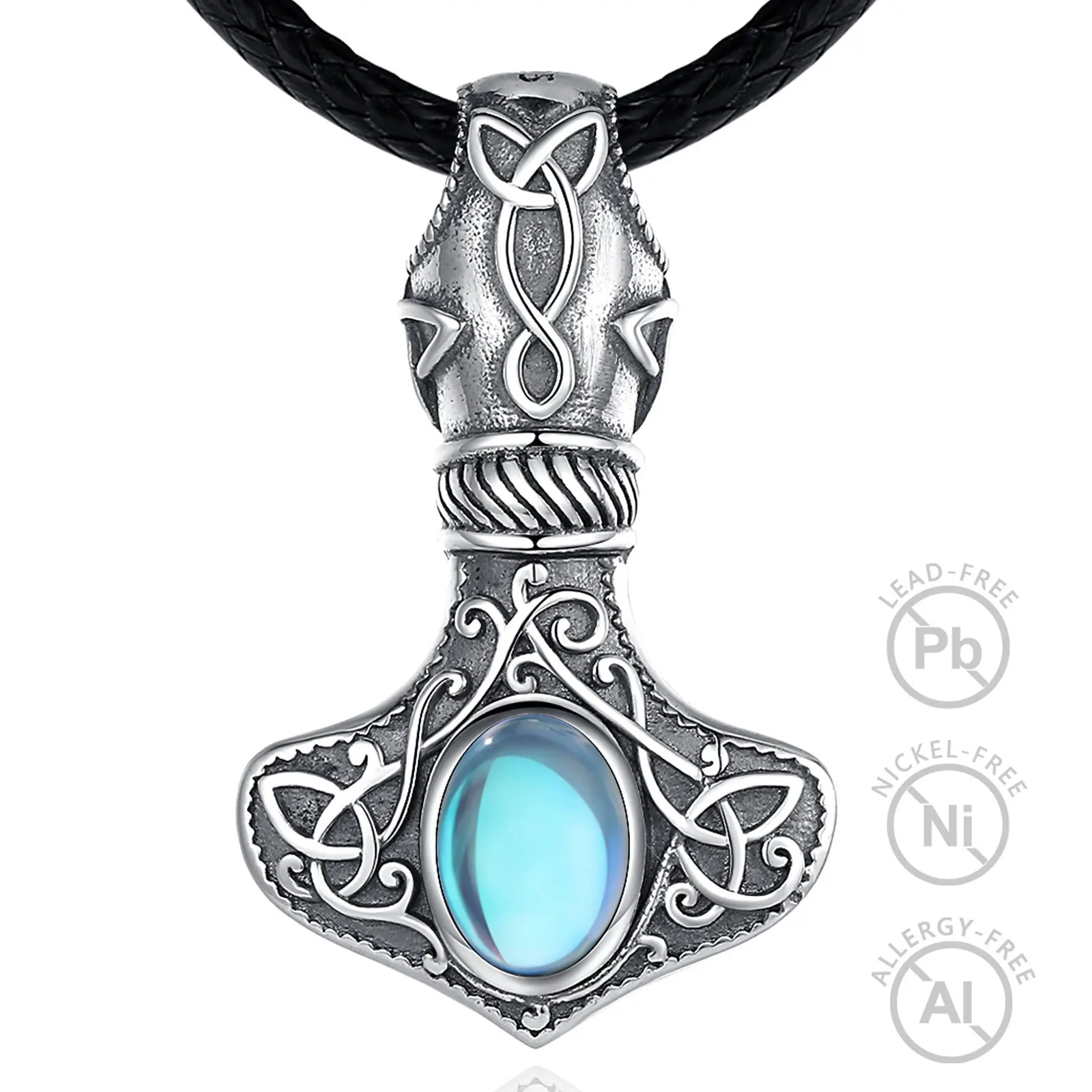 Changda 925 sterling silver noridc jewelry moonstone viking thor hammered hammer pendant necklace