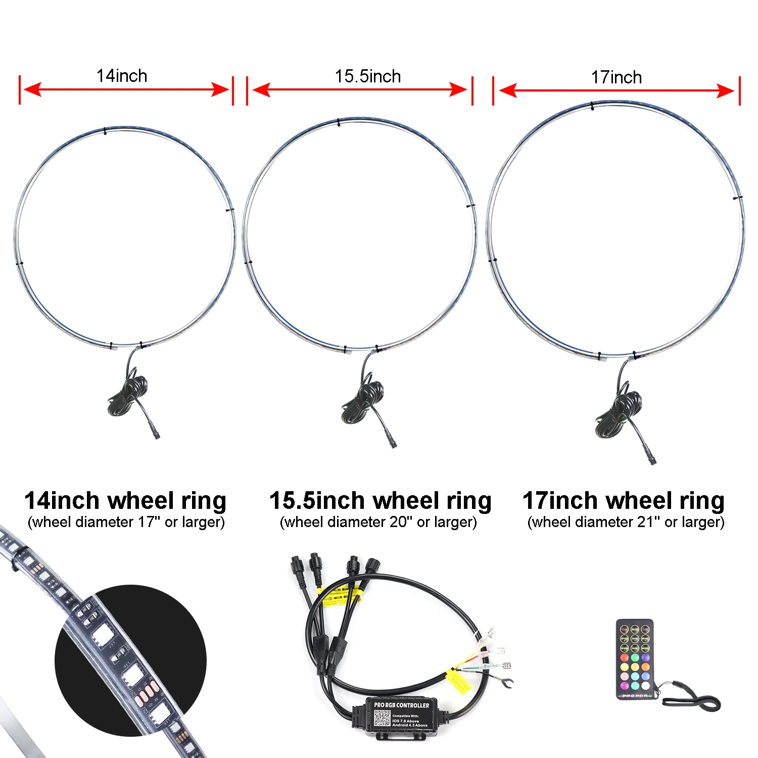Светодиодные кольца для колес с подсветкой 15,5 дюйма, 4 шт. в одном комплекте, комплект освещения обода, RGB, светодиодное кольцо для колес с управлением через приложение для автомобиля